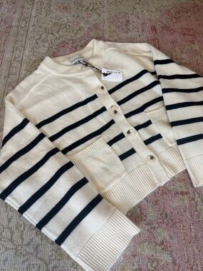 Striped Cream & Black Button-Front Cardigan Sweater